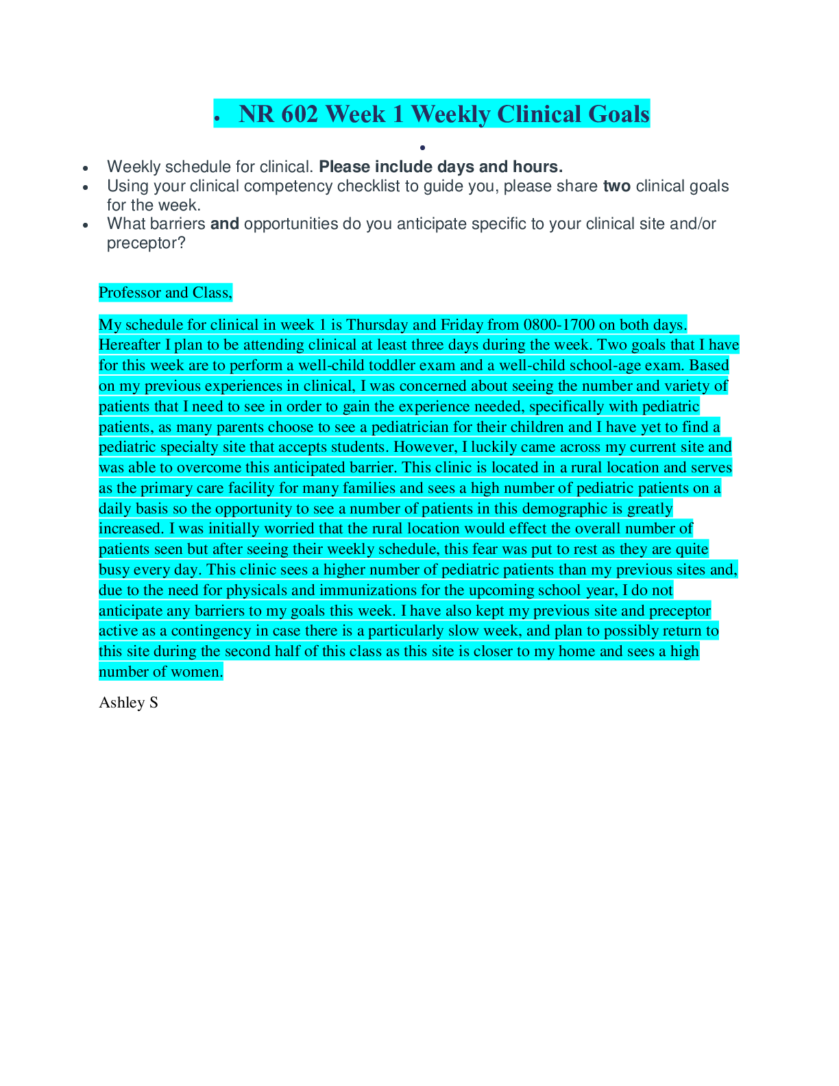 Preview of NR 602 Week 1 Weekly Clinical Goals (Latest Update)